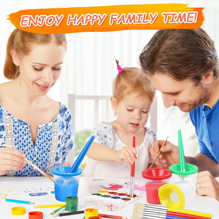 4 Pcs Kids No Spill Paint Cups and 4 round Paint Brushes 4 Colors Spill Proof Paint Cups for Children’ Art Class and Home.