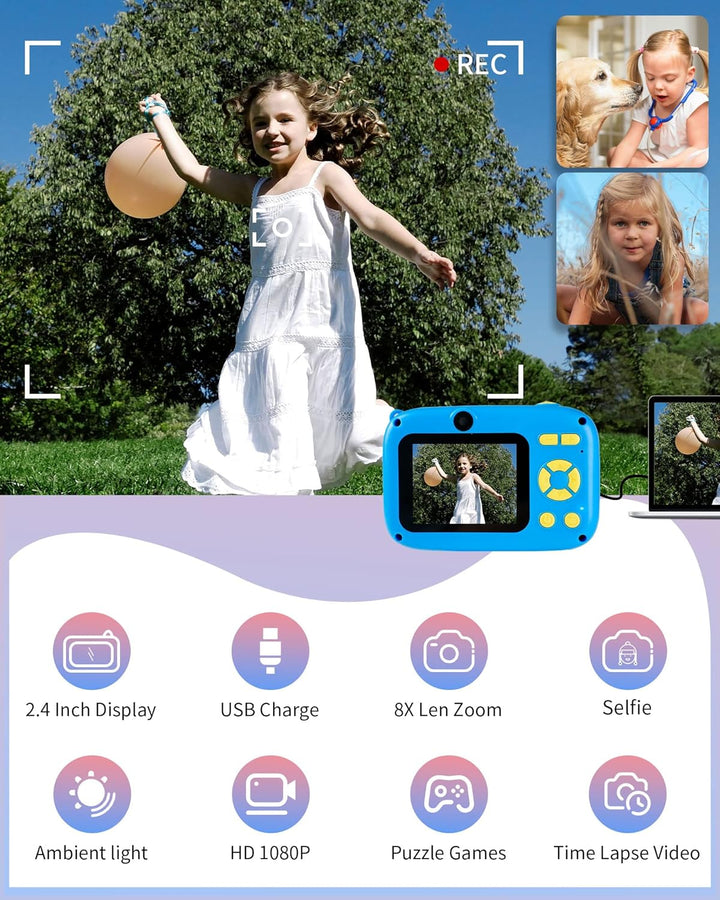 Kids Camera, HD Digital Video Camera for Kids 3-9, 2.4 Inch Display Selfie Toddler Camera Toy with 32GB SD Card, Christmas Birthday Gifts for Boys and Girls