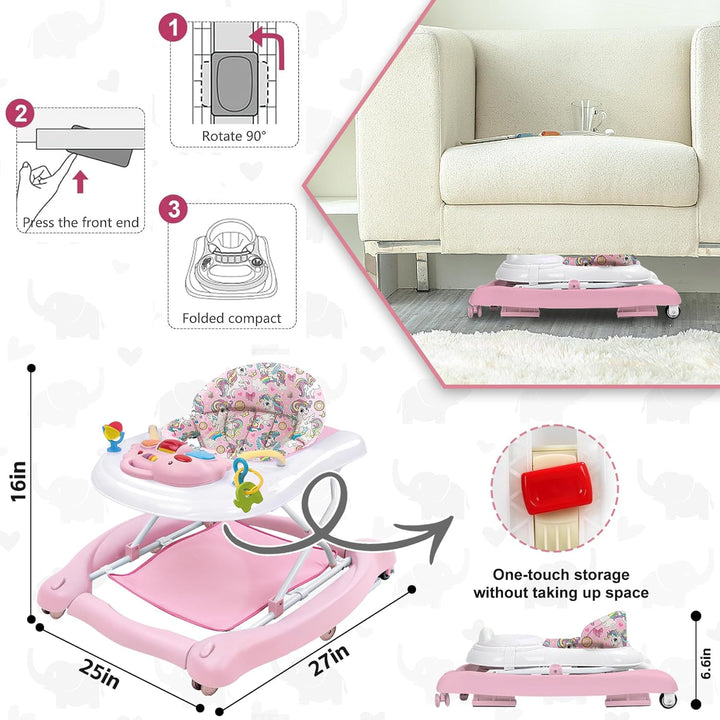 Foldable Baby 5-In-1 Activity Walker - Rocker, Activity Center, Bouncer, Seat Walker, Push Walker - Adjustable Speed Rear Wheels and Height Toys Ages 6-18 Months… (Pink)
