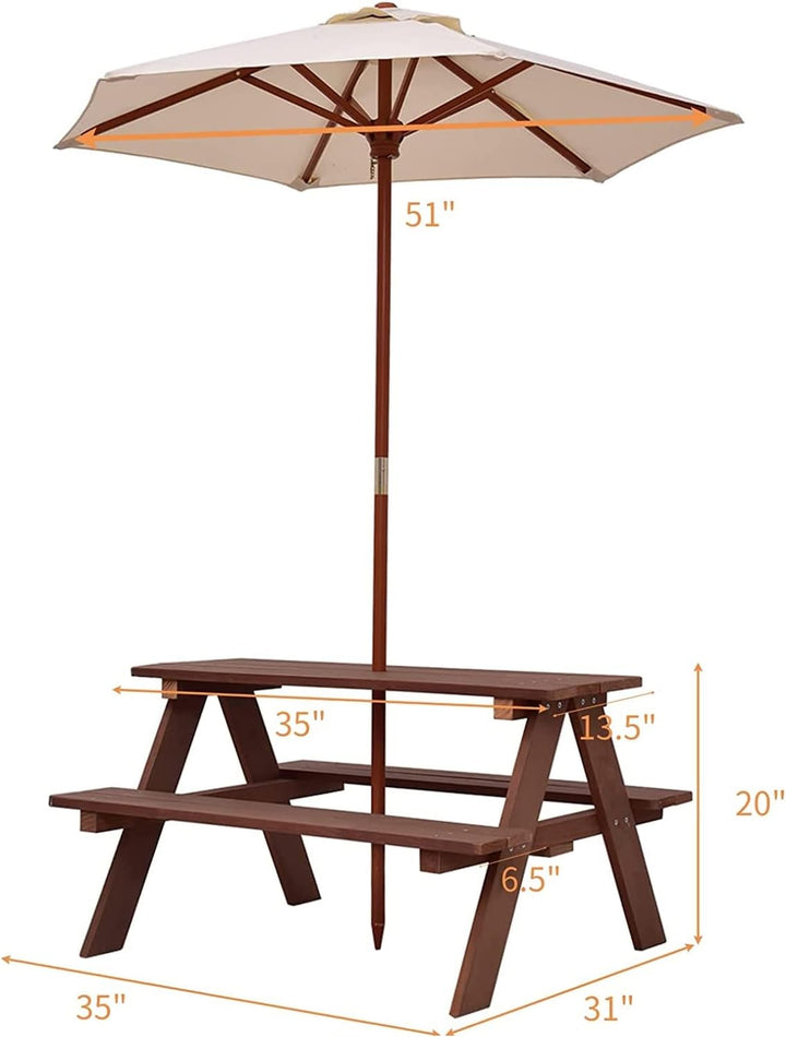 Kids Picnic Table, Fir Wood Kids Outdoor Table and Chairs with Removable Umbrella, Toddler Picnic Table for Patio, Backyard, Garden (Natural)