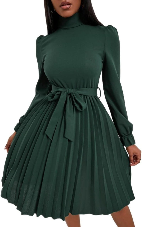 ROLVK Women'S Casual Dresses Turtleneck Flounce Sleeve Pleated Hem Belted Dress Charming Mystery Special Beautiful