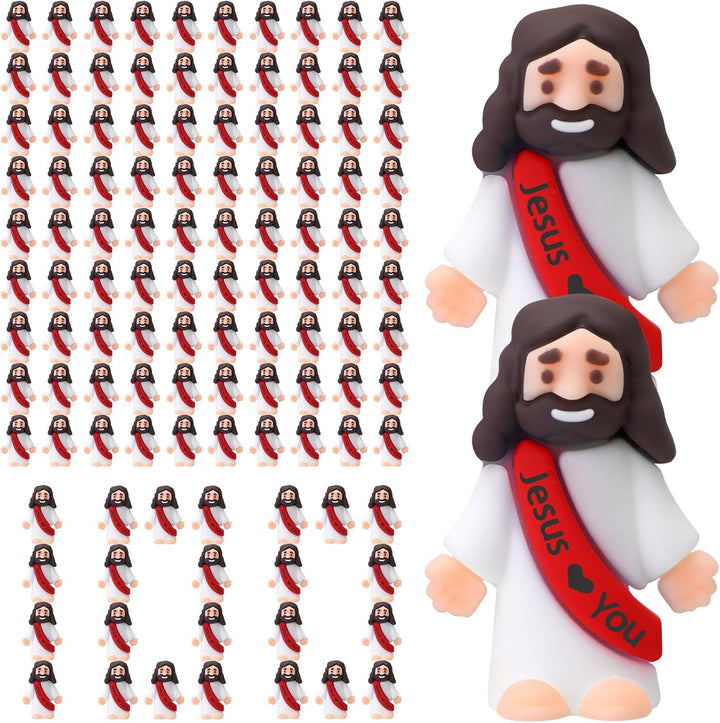 100 Pcs Little Jesus Figures Jesus Loves You Original Design Rubber Pocket Toys Little Figures to Hide and Seek Sunday School Religious Party Share Gifts(Vibrant Color)