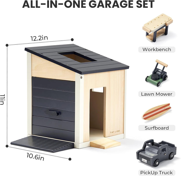 Wooden Dollhouse Garage Toy Set – Realistic Design with Garage, Workbench, Lawn Mower, and SUV Car – Ideal Gift for Kids
