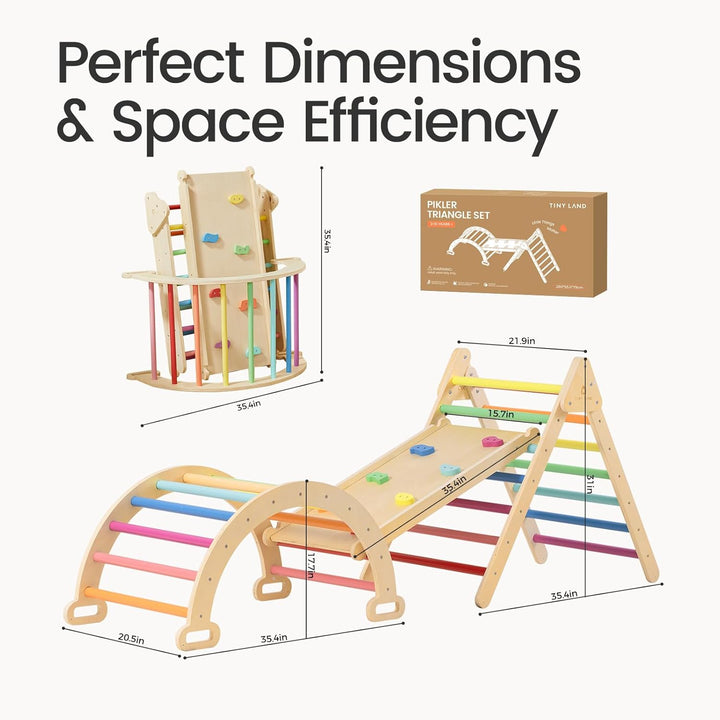 Pikler Triangle Set, 7-In-1 Foldable Pikler Triangle Climbing Toys Set for Kids,Baby Indoor Playground Jungle Gym, Wooden Montessori Climbing Set for Toddler (Rainbow)