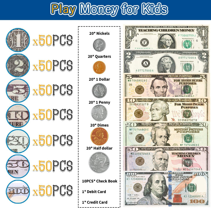 482 Pcs Play Money Kids Set, Number Learning Education Play Money Toys for Kids Ages 3 and up Develops Early Math Skills, Preschool Math Games, Birthday Gift for Boys Girls