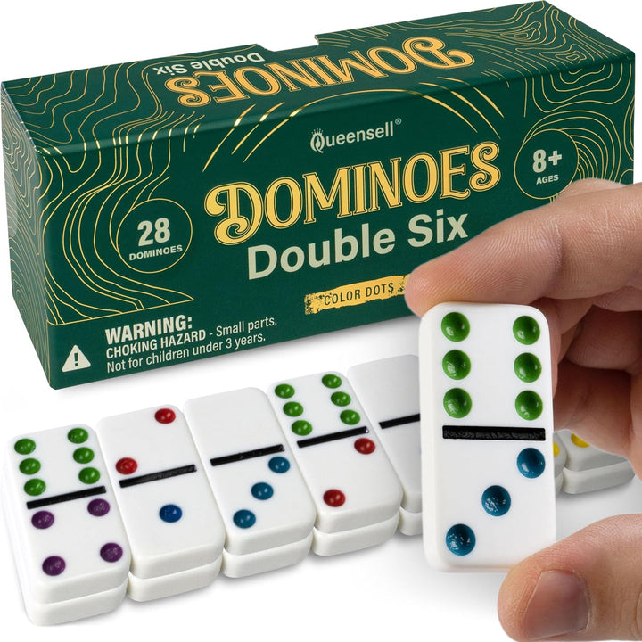 Dominos Set for Adults with Colored Dots - Double 6 Dominoes Set Is a Classic Board Games for Kids and Adults - Double Six Standard Dominos Set 28 Tiles
