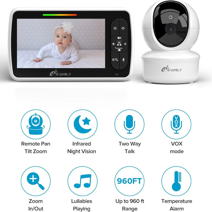 Baby Monitor - Large 5" Screen with 30Hrs Battery Life - Remote Pan-Tilt-Zoom;No Wifi, Two-Way Audio, Night Vision, Temperature, Lullabies, 960Ft Long Range Baby Monitor with Camera and Audio
