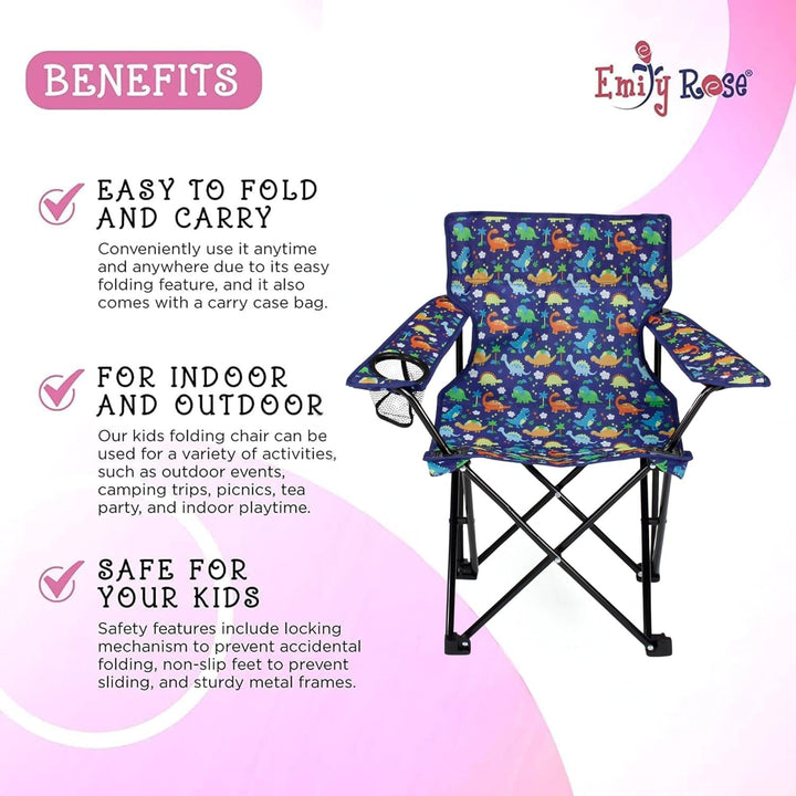 Kids Folding Beach Camping Chair Chair with Safety Lock, Cup Holder & Carry Case - Boys Girls Small Toddler Tailgate, Travel, Lawn Chair for Indoor & Outdoor (Playful Dinosaurs)