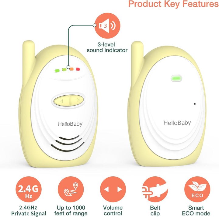 Audio Baby Monitor with 1000Ft Range, Volume Control, Portable 2.4Ghz Digital Wireless Baby Monitor, Audio Surveillance for Baby with High-Sensitivity Mic, USB Connection, HB168