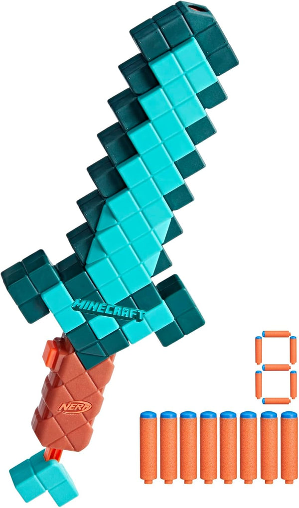 Minecraft Sword Dart Blaster, Pull Back Priming, Foam Edge, 8 N1 Darts, Ages 8+