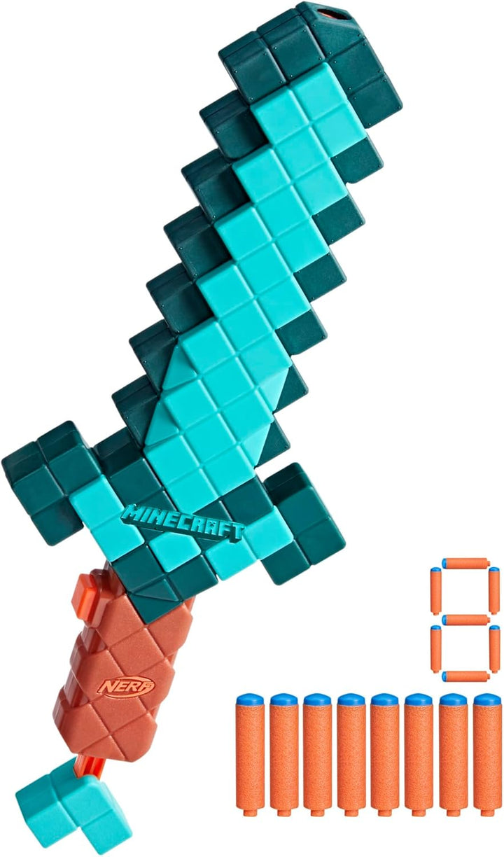 Minecraft Sword Dart Blaster, Pull Back Priming, Foam Edge, 8 N1 Darts, Ages 8+