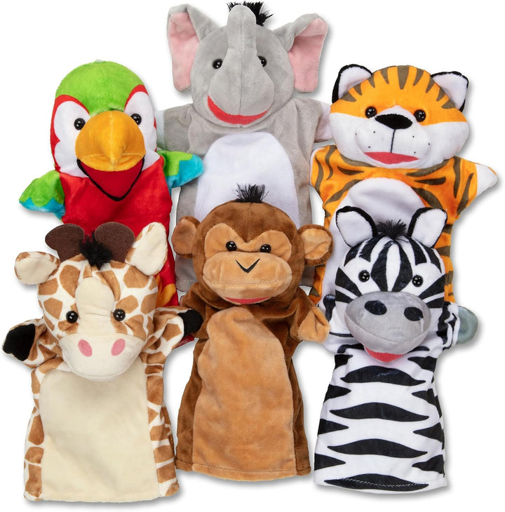 Safari Buddies Hand Puppets, Set of 6 (Elephant, Tiger, Parrot, Giraffe, Monkey, Zebra) Soft, Plush Animal Hand Puppets for Toddlers and Kids Ages 2+