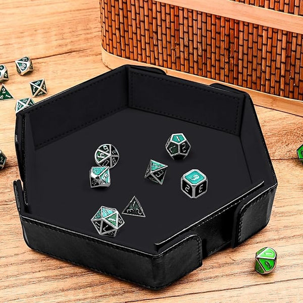 Magnetic Folding Dice Tray Hexagon Dice Rolling Tray PU Leather Dice Trays Foldable Dice Holder Dice Rolling Mat Storage Box for D&D RPG Dice Games, Black