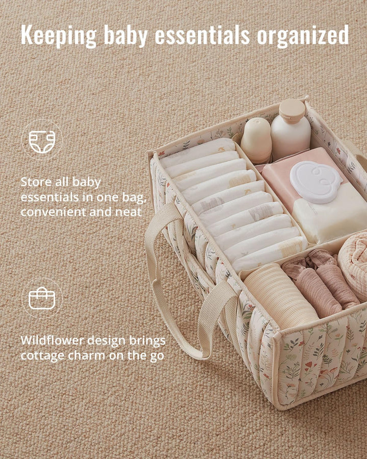 Floral Diaper Caddy Organizer, Stylish Nursery Storage Basket, Gift for Baby Shower, Newborn Essentials, Floral Beige