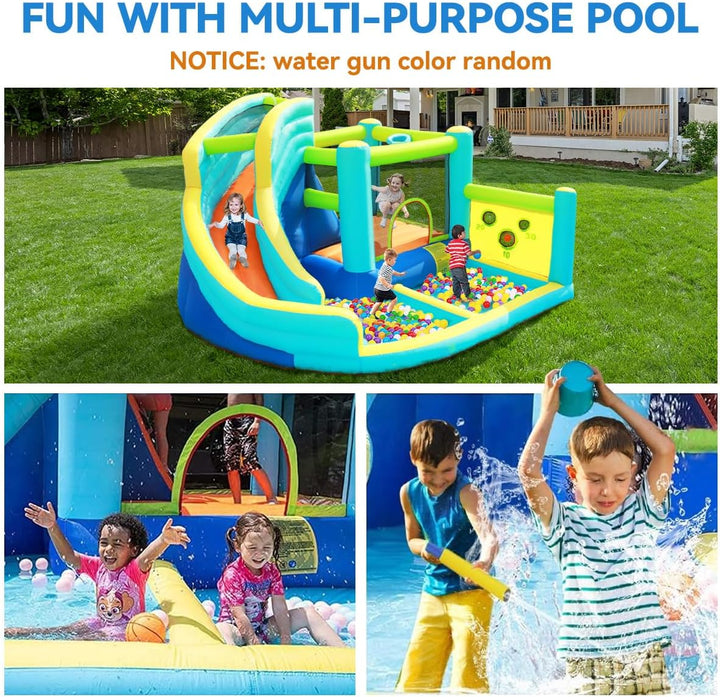 Inflatable Bounce House Water Slide Park, Bouncy Castle with Blower for Indoor & Outdoor, Jumping Castle with Slide, Climbing Wall, Basketball