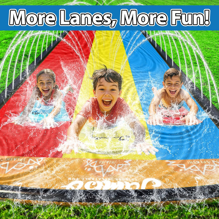 Premium Triple Water Slide with 3 Bodyboards, 20Ft Heavy Duty Slip Splash and Slides-Advanced 3-Way Sprinkler System, Splash Pad Mat Backyard Summer Outdoor Water Toys N Long Slides for Kids