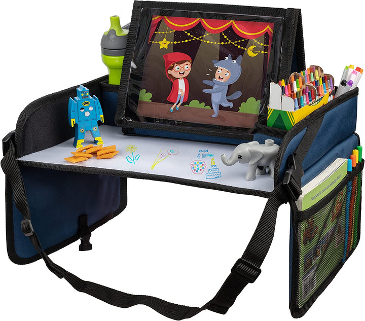 Car Seat Tray for Kids Travel - Black 600D Oxford Lap Desk Organizer with Dry-Erase Surface, Tablet Stand, Snack Holder & Cup Holder - Travel Tray for Kids Car Seat