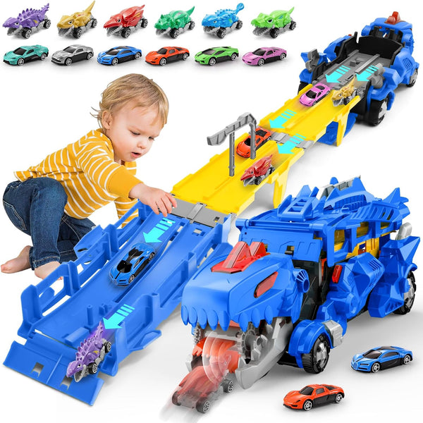 Dinosaur Car Toy with 12 Alloy Cars,45 Inch Foldable Track & Launch Button for Two-Player Racing,Transforms into Dino & Swallow System,Ideal Xmas Birthday Gift for Boys Girls Ages 3-12 (Blue)
