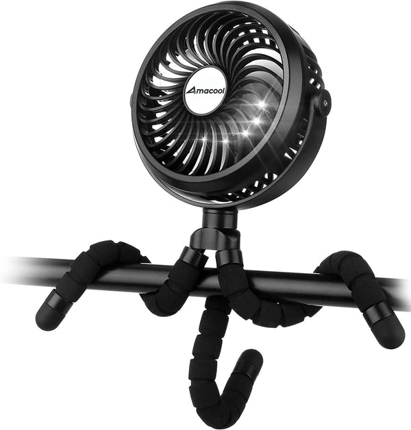 Battery Operated Stroller Fan Flexible Tripod Clip on Fan with 3 Speeds and Rotatable Handheld Personal Fans for Car Seat Crib Bike Treadmill (Black)