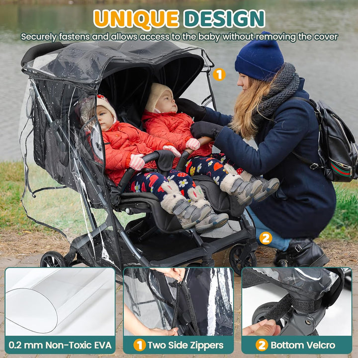 Double Stroller Rain Cover, Universal Stroller Cover for Side by Side Baby Stroller, Breathable Weather Shield for All-Weather Protection from Rain/Snow/Dust
