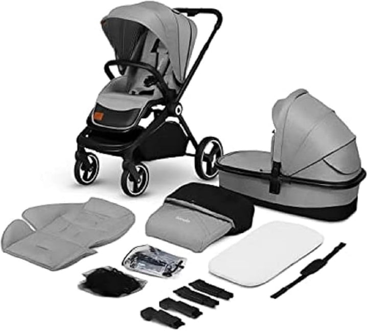 Mika 2-In-1 Combination Pushchair Baby Carrycot Pram Buggy Rain Cover Shoulder Strap for Transport Mattress Mosquito Net Foot Cover Waterproof Material Rubber Wheels (Grey Stone)