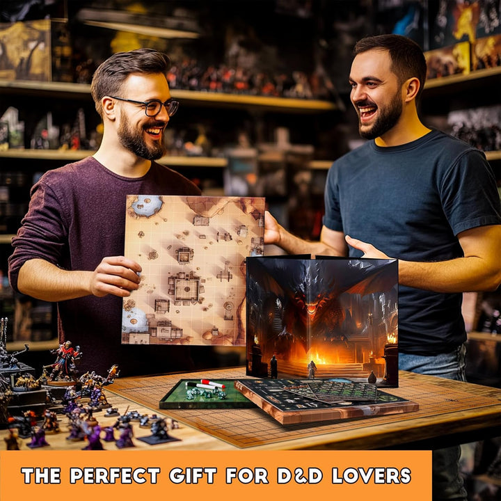 Foldable Battle Mat with DM Screen, Game Tokens, Dice Set, Markers - 2-Sided Wet & Dry Erase Terrain, Ultimate DND Starter Set, Accessories, Gift for Dungeon Master & Player