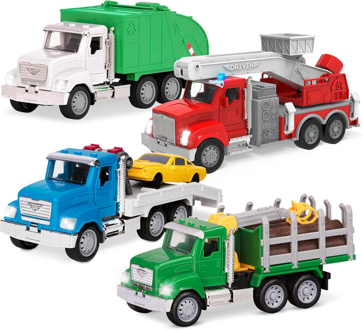 – 4-Pack of 7 Construction & Utility Toy Trucks – Includes Cement Mixer, Telehandler, Garbage, Tow & Fire Truck – Lights & Sounds – Ages 3+