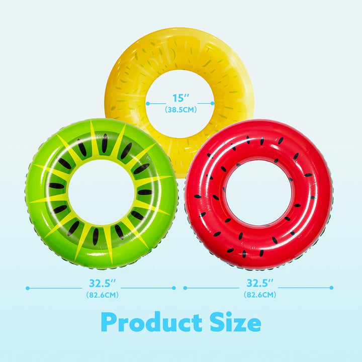 Inflatable Swim Tube Raft (3 Pack) with Summer Fruits Painting, Pool Toys for Swimming Pool Party Decorations