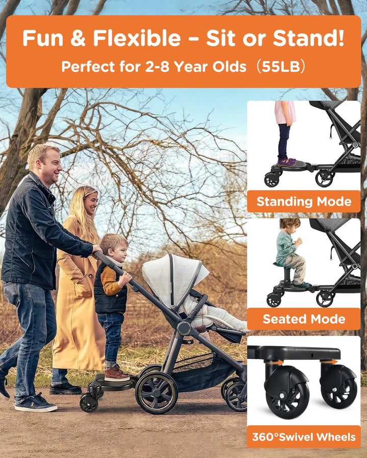 Universal Stroller Board - Stroller Attachment for Toddler to Ride,Detachable 2 In1 Sit and Stand Toddler Stroller Attachment,Holds Children up to 55 Lbs Stroller Seat Attachment.(Black)