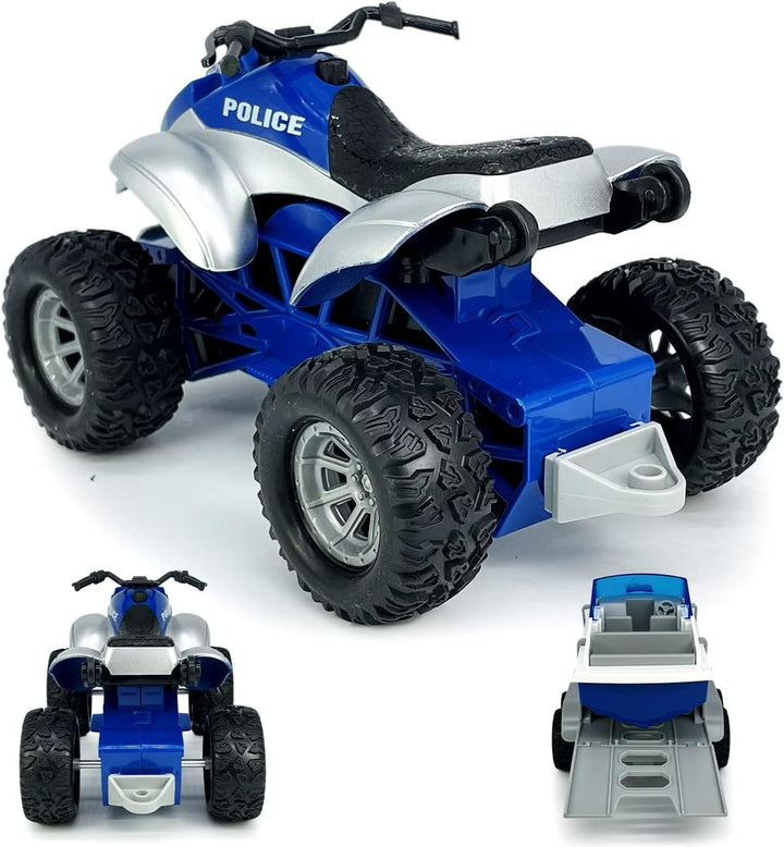 Large ATV Toy with Trailer Speedboat Tow Truck Flatbed Transport Police Motorcycle Toy Vehicle 2 in 1 Playset, Light Sound, Toys Trucks for Boys 3 4 5 6 7 Years Old Kids Toddlers Birthday Gifts, Blue