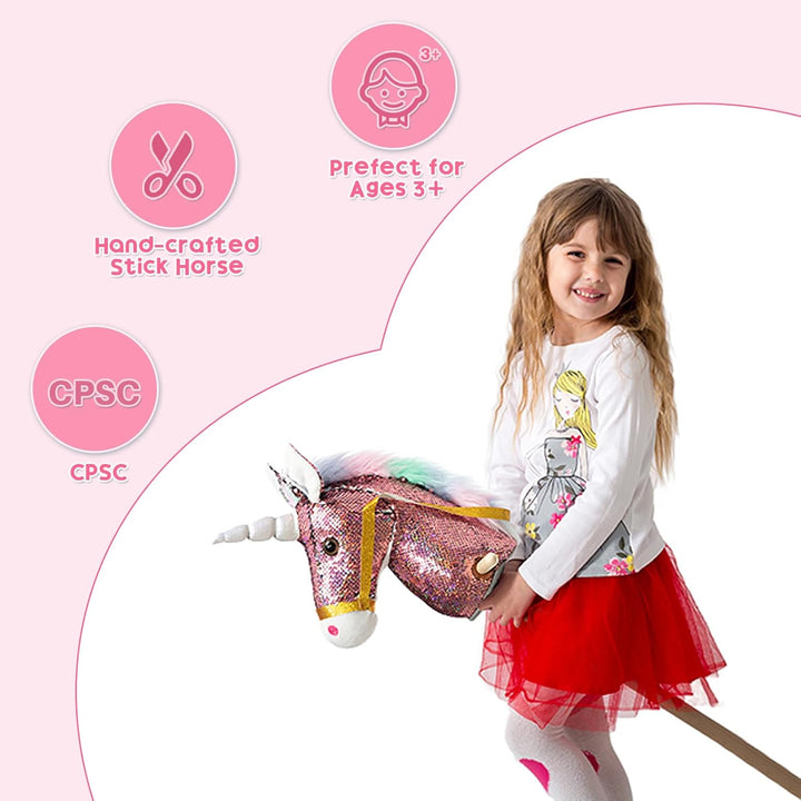 Sequin Unicorn Stick Horse Handcrafted Hobby Horse on a Stick with Wood Wheels Real Pony Neighing and Galloping Sounds Plush Unicorn Toy Pink 36 Inches(Aa Batteries Required)