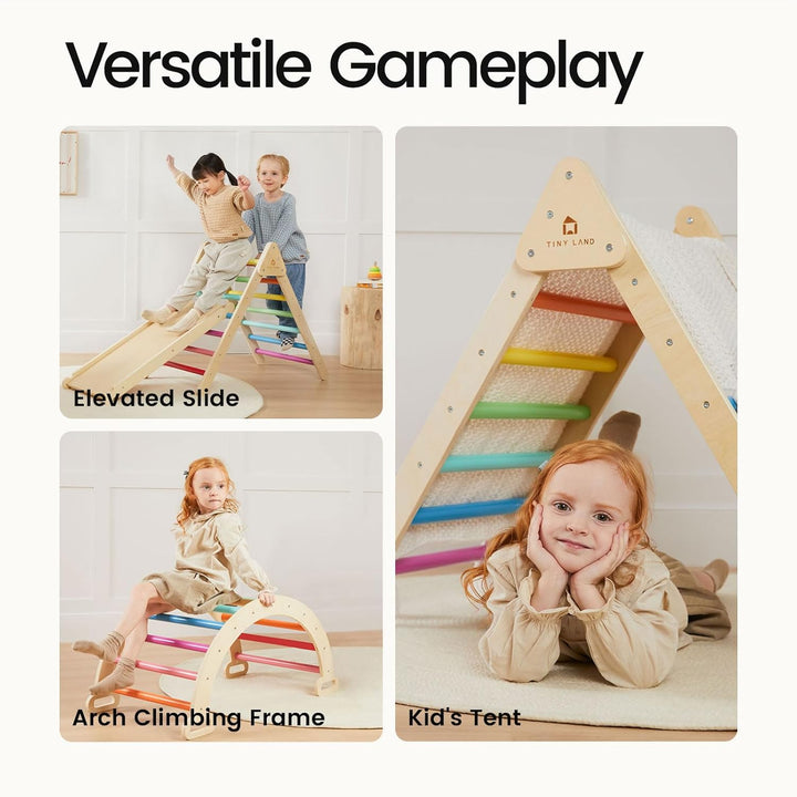 Pikler Triangle Set, 7-In-1 Foldable Pikler Triangle Climbing Toys Set for Kids,Baby Indoor Playground Jungle Gym, Wooden Montessori Climbing Set for Toddler (Rainbow)