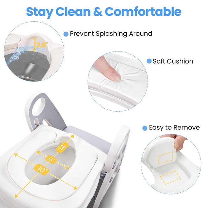 Potty Training Seat, 2-In-1 Toddler Toilet Seat with Step Stool, Ultra-Stable Potty Chair Attachment, Adjustable Seat and Step Ladder, Non-Slip Design, Splash Guard for Boys and Girls(Grey)