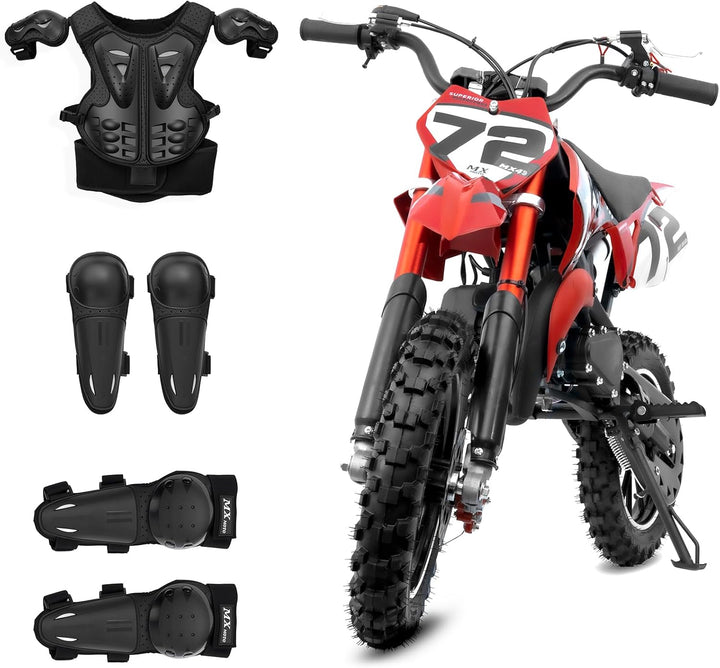 49CC Gas Dirt Bike for Kids 24 MPH Max Speed, Front/Rear Disc Brakes, Dual Suspension, Easy Pull Start - Mini Off-Road Motorcycle, with Armor 250 LBS Capacity Red
