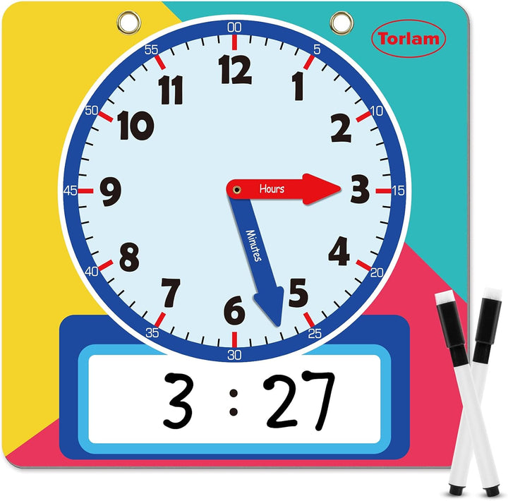 Magnetic Writable Dry Erase Learning Clock | Clock for Kids Learning to Tell Time | Large 12" Demonstration Teaching Time Practice Clock with Dry Erase Writing Surface | Pen Included | (Light Blue)