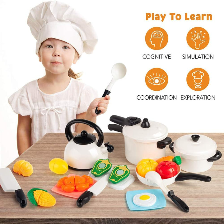 Kids Pretend Play Kitchen Accessories Set, Toddlers Pots and Pans Cookware Playset, Kids Cooking Toys with Utensils, Knife, Cutting Food Kitchen Playset for Girls and Boys Age 2 3 4 5 6 7