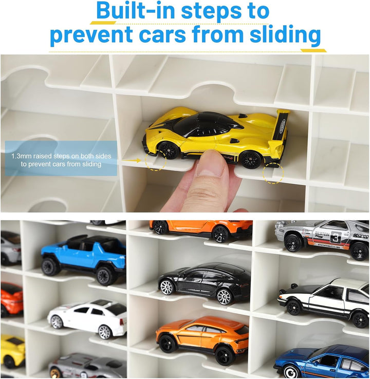 Hot Wheels Storage Case: Carrying Display Case for 1/64 Scale Toy Cars, 48-Slot Double-Sided Transparent Organizer with Built-In Steps Prevent Sliding & Adjustable Dividers