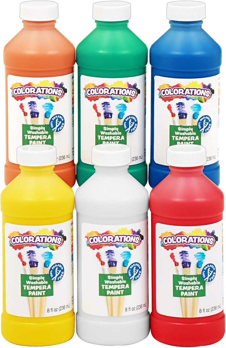 Paraben-Free Washable Tempera Paint for Kids - 8 Ounce Bottles, Set of 6 Primary Colors, Non-Toxic and Made in the USA