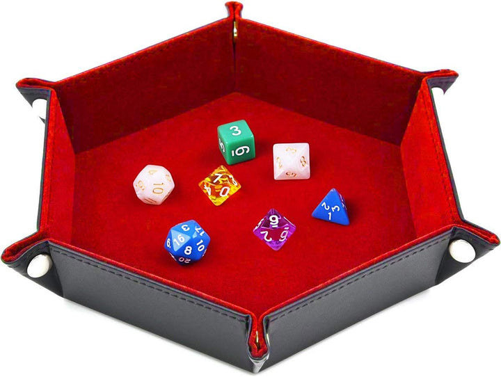 Double Sided Dice Tray, Folding Hexagon PU Leather and Velvet Dice Holder for Dungeons and Dragons RPG Dice Gaming D&D and Other Table Games, Dark Violet