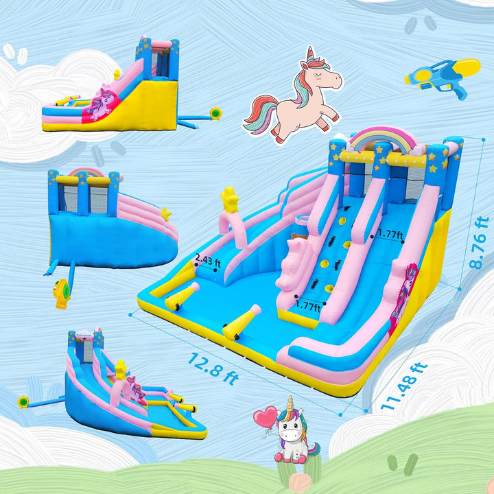 Inflatable Water Slide: 6 in 1 Bounce House Water Park for Kids - Climbing Wall Splash Pool 2 Water Cannon 2 Slide Basketball Rim - 550W Blower - for Outdoor Backyard Birthday Party