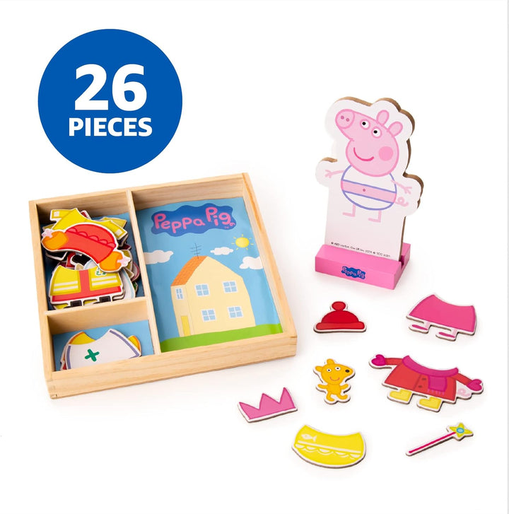 Peppa Pig Magnetic Wood Dress up Doll. Includes 26 Colorful Magnetic Wood Pieces and Wooden Storage Box. Encourages Creative Play with Mix and Match Fun for Preschoolers and Kids Ages 3 and Over.