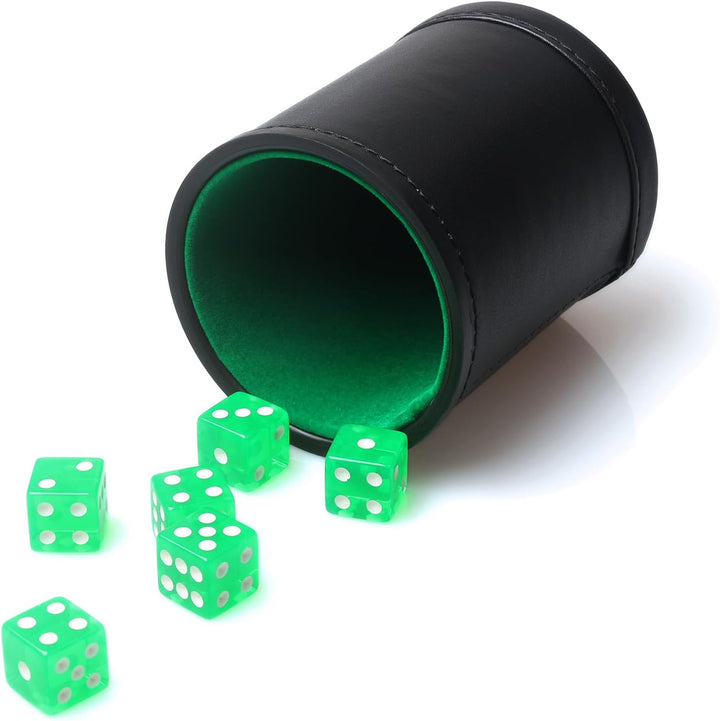 Felt Lined PU Leather Dice Cup Set with 6 Dot Dices (Black, Pack of 1)