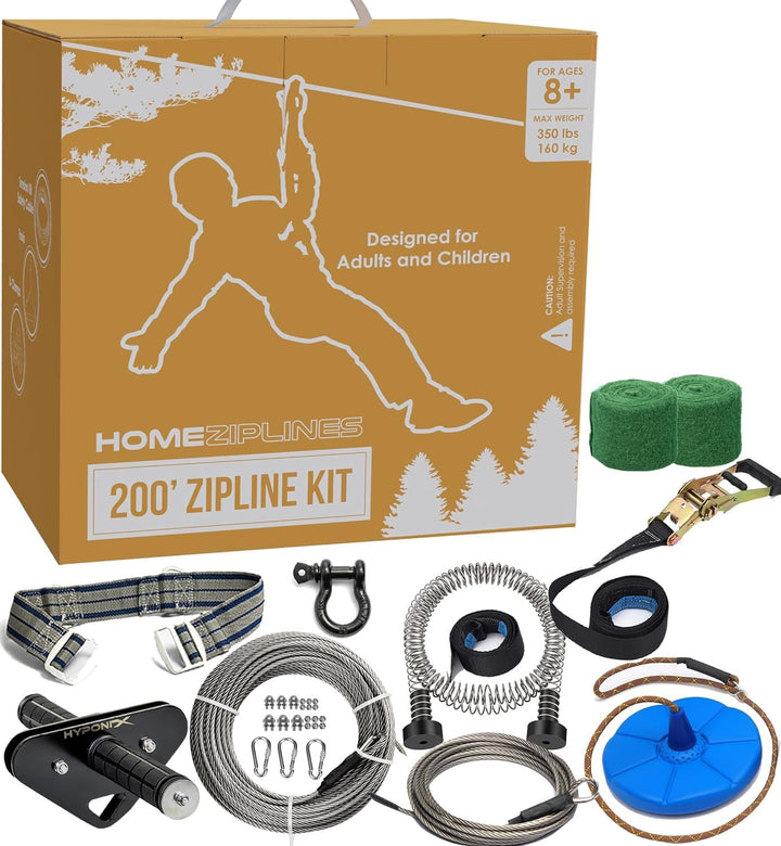 Zip Line for Kids and Adults up to 350 Lbs, 100/150/200 Ft Backyard Zipline Kit with Safety Harness, Quick Setup, Spring Brake System, Cushioned Seat, Rustproof Stainless Steel Cable