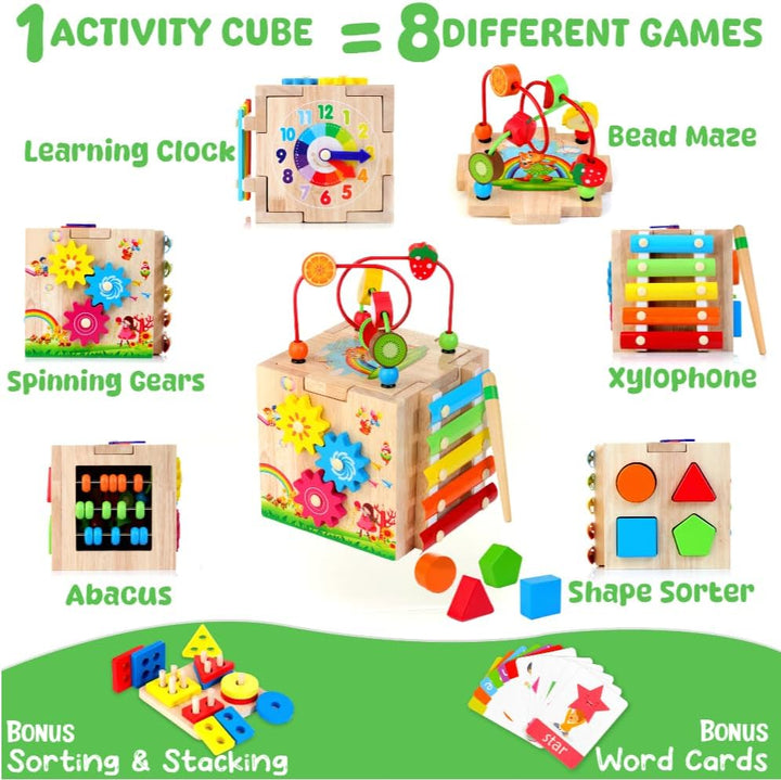 8-In-1 Wooden Baby Activity Cube - Xylophone, Shape Sorter, Abacus| 1St Birthday Gift Toys for One 1 2 3 Year Old Boy Girl | Montessori Educational Learning Toddler Toy| Bonus Sorting & Stacking Board