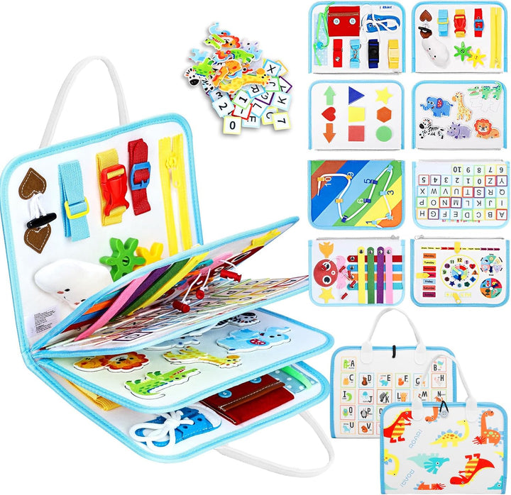Toddler Busy Board Montessori Toys for Boys, Sensory Board Educational Activities for Learning Fine Motor Skills, Birthday Gifts for Boys Toddlers, Travel Toys for Airplane Car, Blue Dinosaur