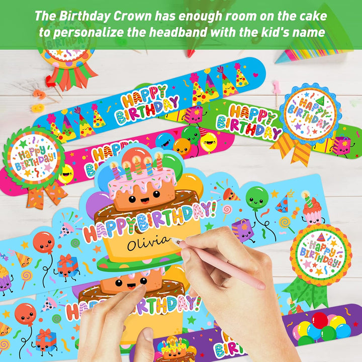 108 Pcs Birthday Crowns Party Hats for Kids Classroom, Include Happy Birthday Badge Stickers, Elastic Band and Slap Bracelet