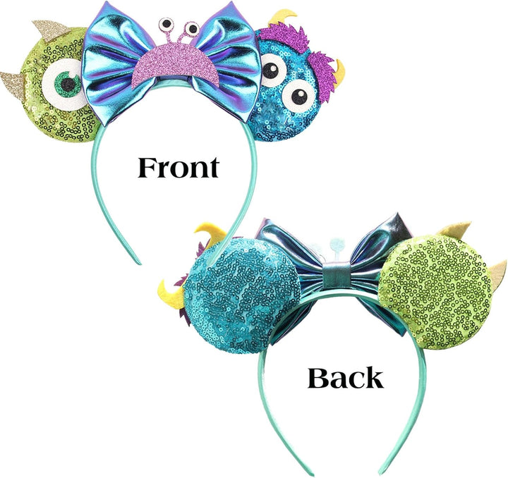 Monsters Mouse Ears for Party - Multicolored Sulley Sequin Blue Ears Photo Prop, Green Mr.Q Ears for Boy Theme Park, (1Pc)