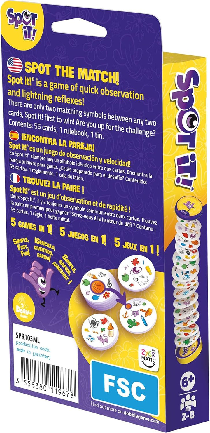 Spot It! Classic Card Game (2024 Refresh) - Eco-Blister Edition, 5-In-1 Visual Perception Game for Quick Reflexes and Family Fun, Ages 6+, 2-8 Players, 10 Minute Playtime