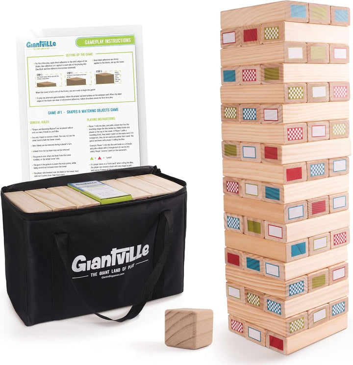 Giant Tumbling Timber Toy - Premium Pine Wood Life-Size Blocks Tower - Big Floor/Board Indoor/Outdoor Yard Game for Kids & Adults - 56-Pieces + Carry/Storage Bag - Grows to over 4-Feet
