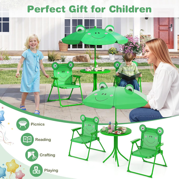 Kids Picnic Table, Kids Outdoor Table with 2 Folding Chairs, Height Adjustable Umbrella, Portable Children Outdoor Furniture for Patio, Garden, Backyard (Green)